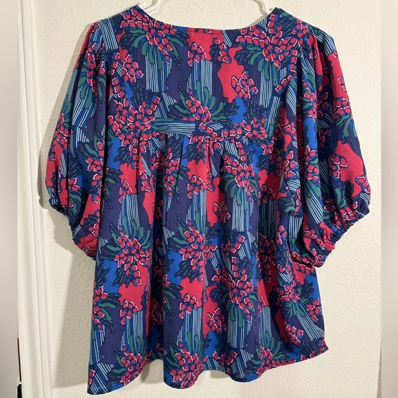 Michelle Mcdowell Floral Abstract Pink Blue Tie Neck Short Sleeve Blouse Size M - Picture 6 of 7